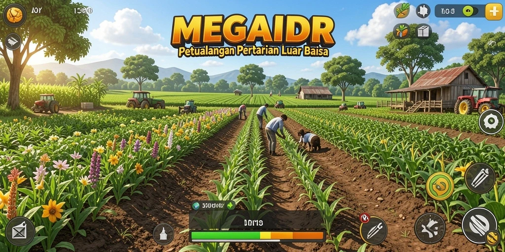 Tampilan gameplay MEGAIDR dengan ladang subur dan proses bercocok tanam.