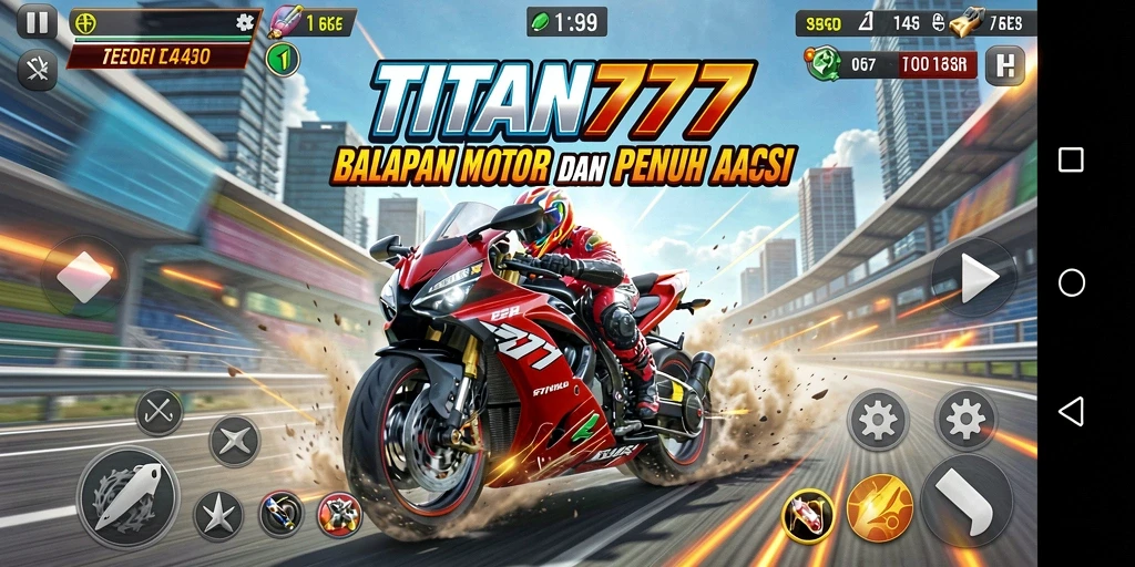 Screenshot gameplay TITAN777 yang menunjukkan aksi balapan motor yang mendebarkan.