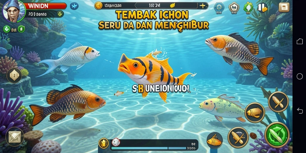 Tangkapan layar gameplay WINIDN menampilkan aksi menembak ikan yang seru.
